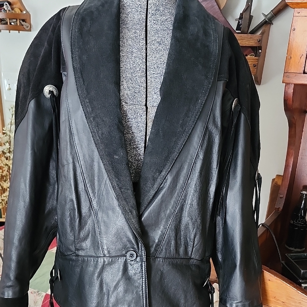 Vintage I.O.U Black Leather Jacket with Suede Accents & Fringe Tassels Large